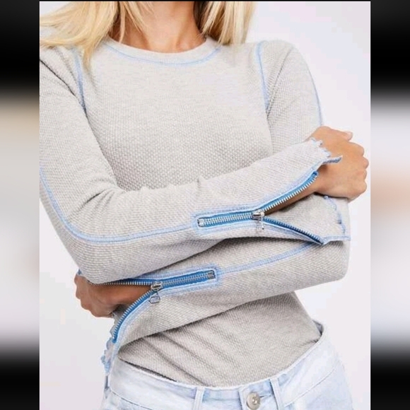 Free People Zip it Gray Long Sleeve Thermal Top Size Lag - Picture 6 of 6